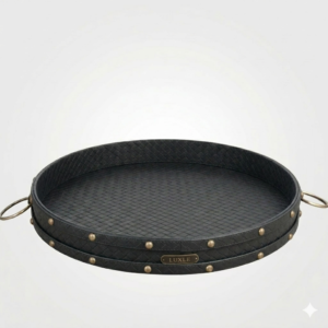 Eden Round Tray In Genuine Croco Leather Black